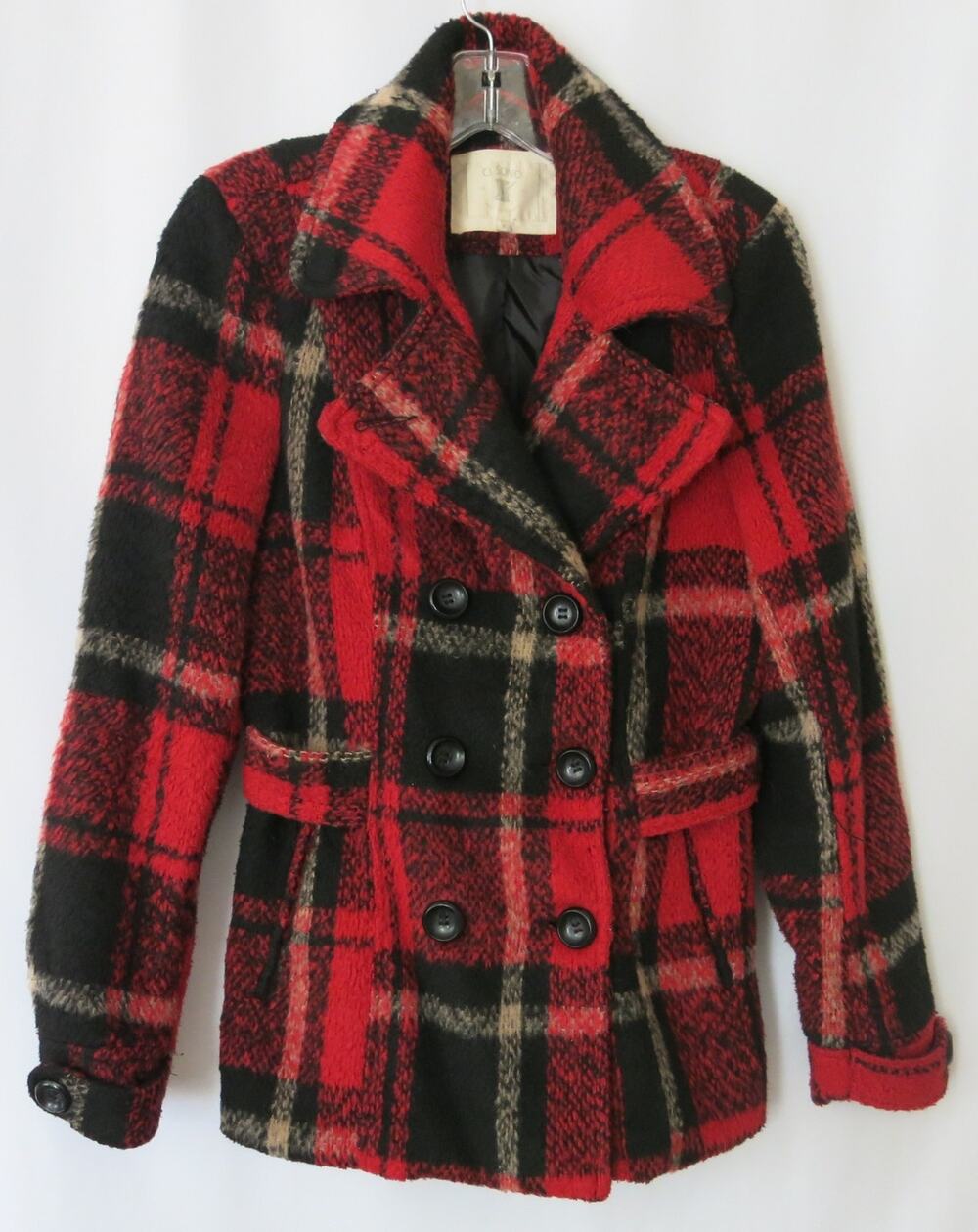 Vintage CI SONO Buffalo Plaid Jacket Pea Coat Size S Women Red Black Winter